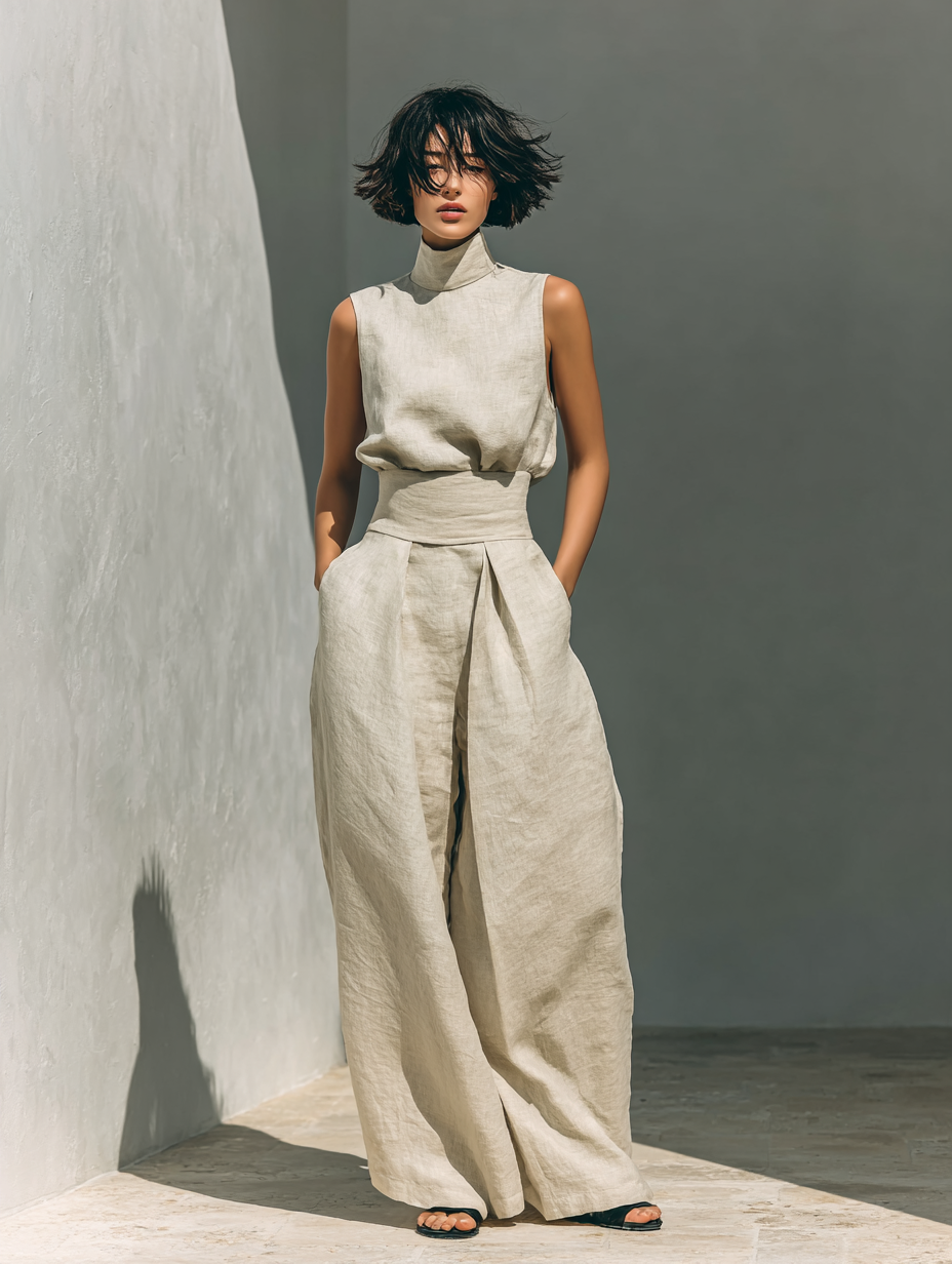 Maria - Conjunto minimalista para mujer de top sin mangas y pantalón ancho en algodón y lino