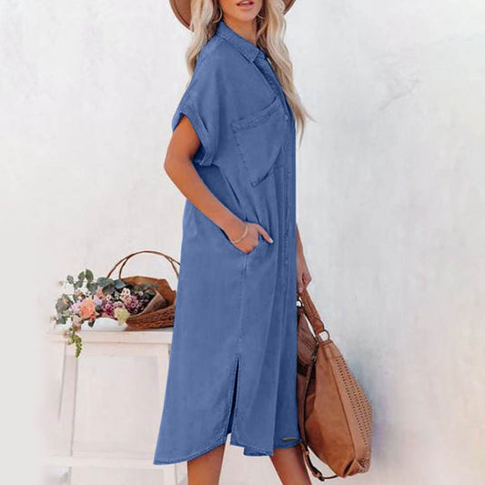 LOLI | Vestido Camisero Largo Denim de Manga Corta