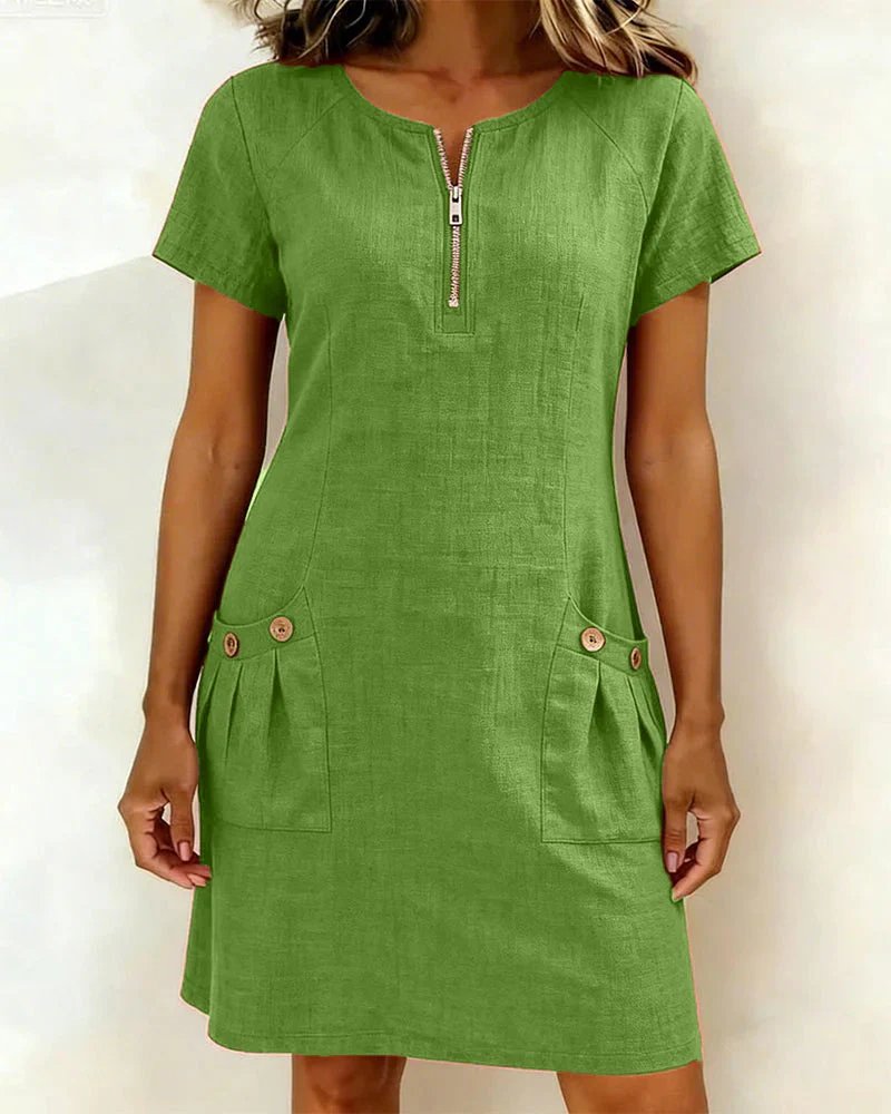 Maya | Vestido de corte A, manga corta, con bolsillo y cremallera