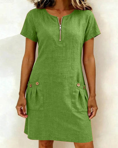 Maya | Vestido de corte A, manga corta, con bolsillo y cremallera
