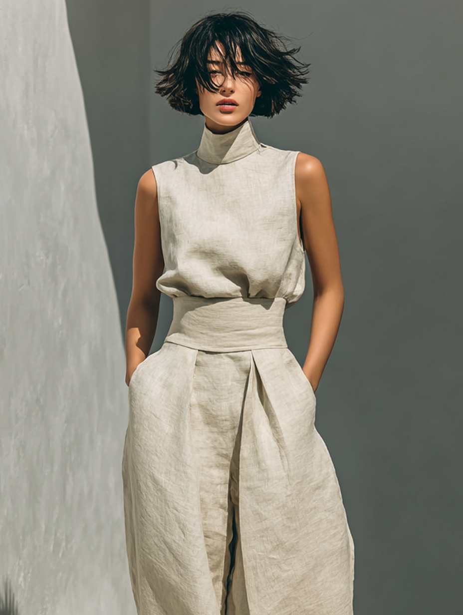 Maria - Conjunto minimalista para mujer de top sin mangas y pantalón ancho en algodón y lino