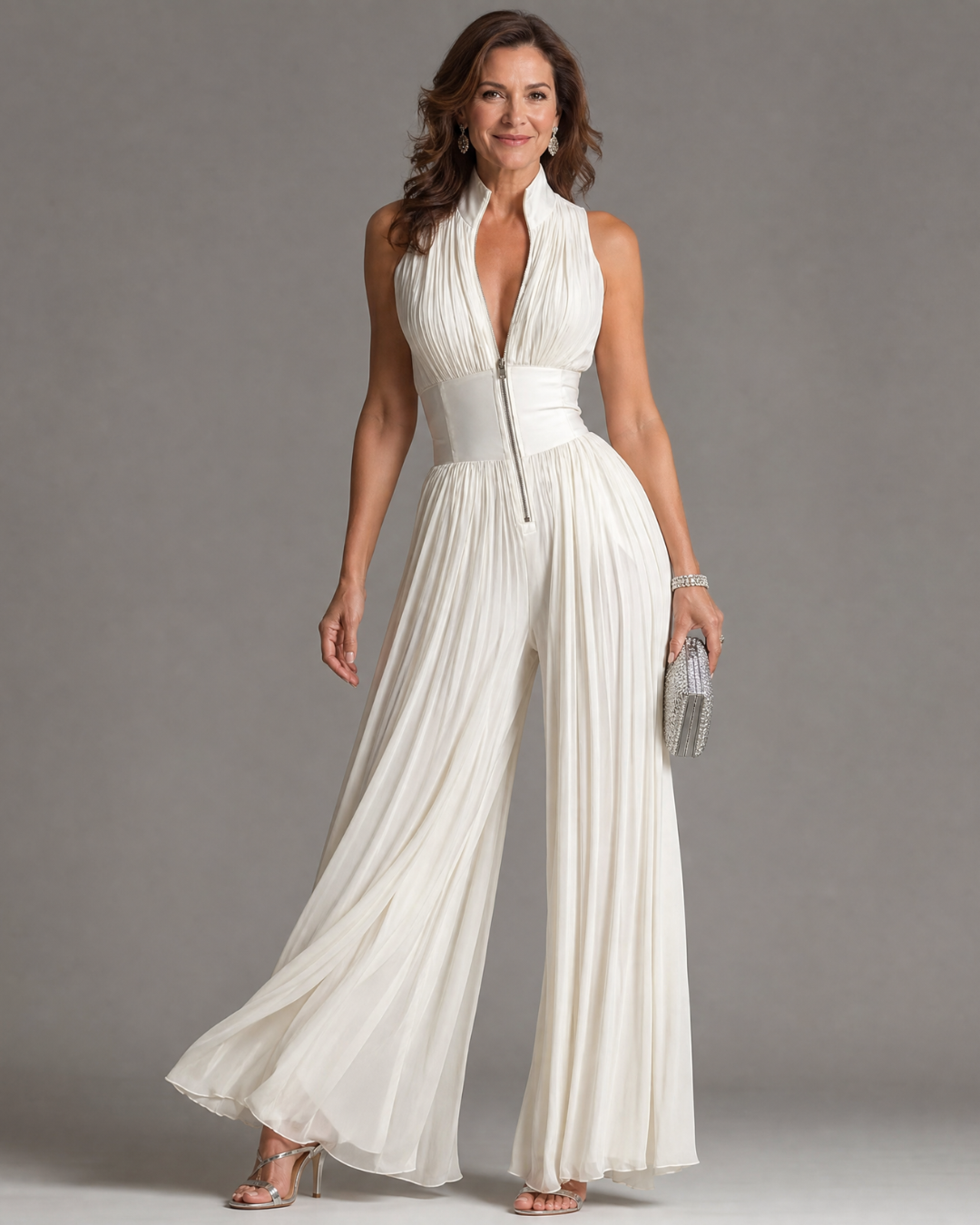 Zakira | Mono con cuello halter plisado y pernera ancha