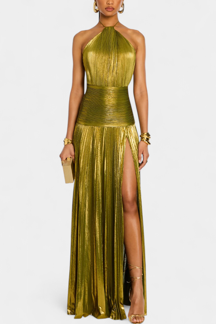 Dalia | Vestido Largo Satinado Con Escote Halter y Abertura Alta