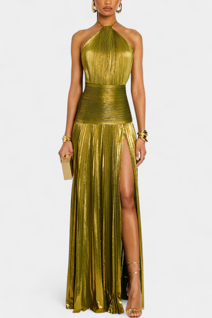 Dalia | Vestido Largo Satinado Con Escote Halter y Abertura Alta