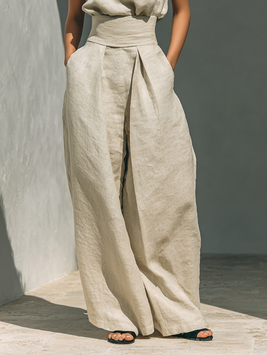 Maria - Conjunto minimalista para mujer de top sin mangas y pantalón ancho en algodón y lino