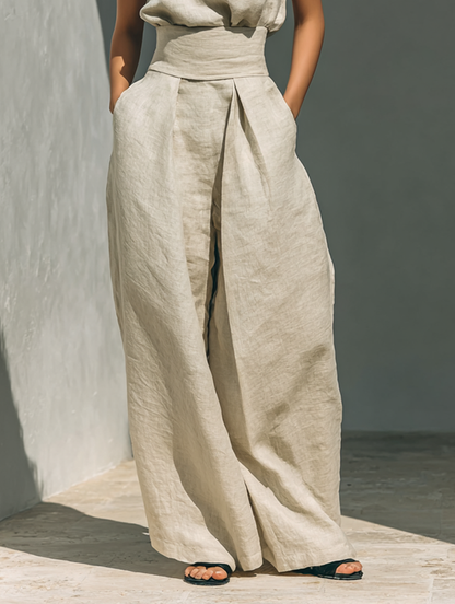 Maria - Conjunto minimalista para mujer de top sin mangas y pantalón ancho en algodón y lino