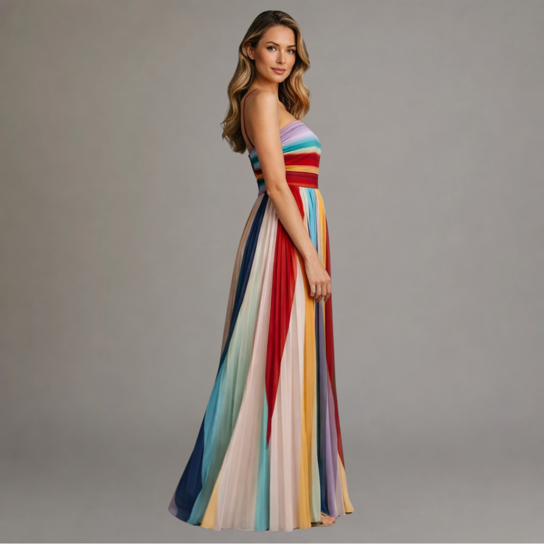 Alma | Vestido Largo Fluido Multicolor Con Escote Palabra de Honor