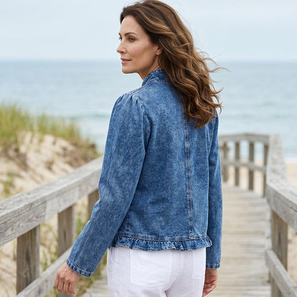 🧥 ¡50 % DE DESCUENTO! 🌸 Chaqueta vaquera de mujer con volantes y abertura frontal – Ligera y femenina – Versátil y elegante 👗