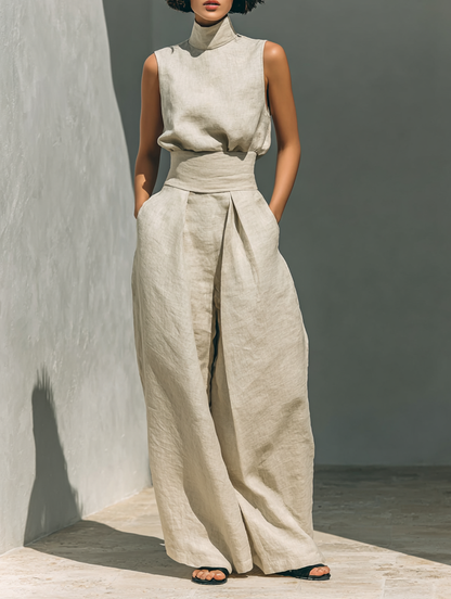 Maria - Conjunto minimalista para mujer de top sin mangas y pantalón ancho en algodón y lino