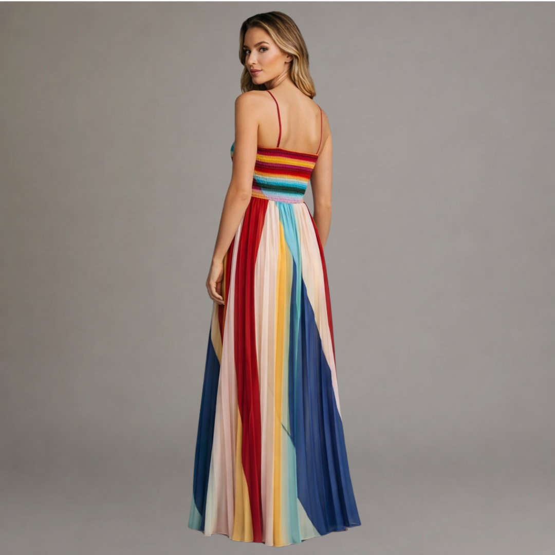 Alma | Vestido Largo Fluido Multicolor Con Escote Palabra de Honor