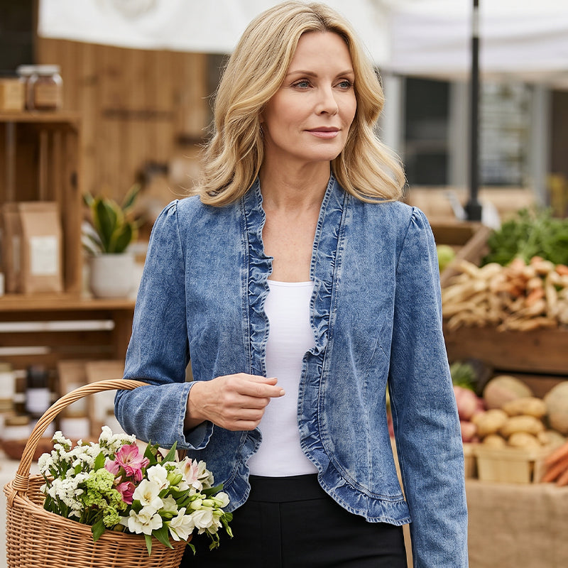 🧥 ¡50 % DE DESCUENTO! 🌸 Chaqueta vaquera de mujer con volantes y abertura frontal – Ligera y femenina – Versátil y elegante 👗