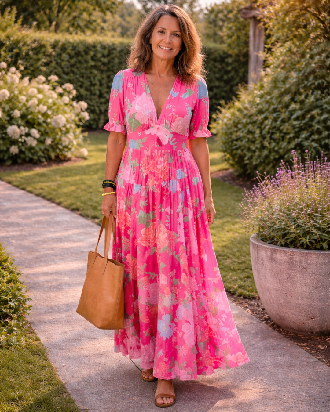 Ione | Vestido midi sin mangas con escote en V y estampado floral