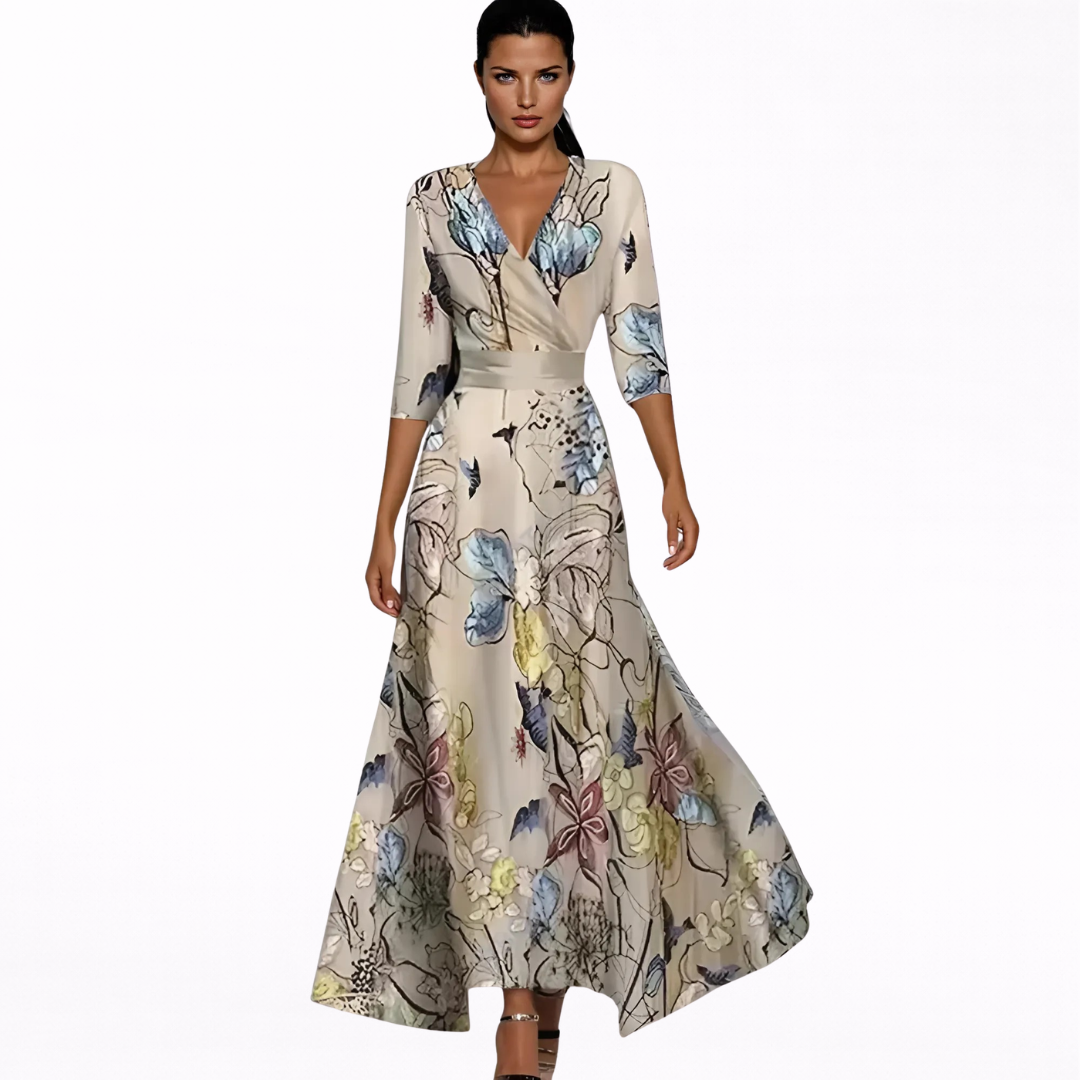 Emilia | Vestido Largo Cruzado Con Estampado Floral Vibrante