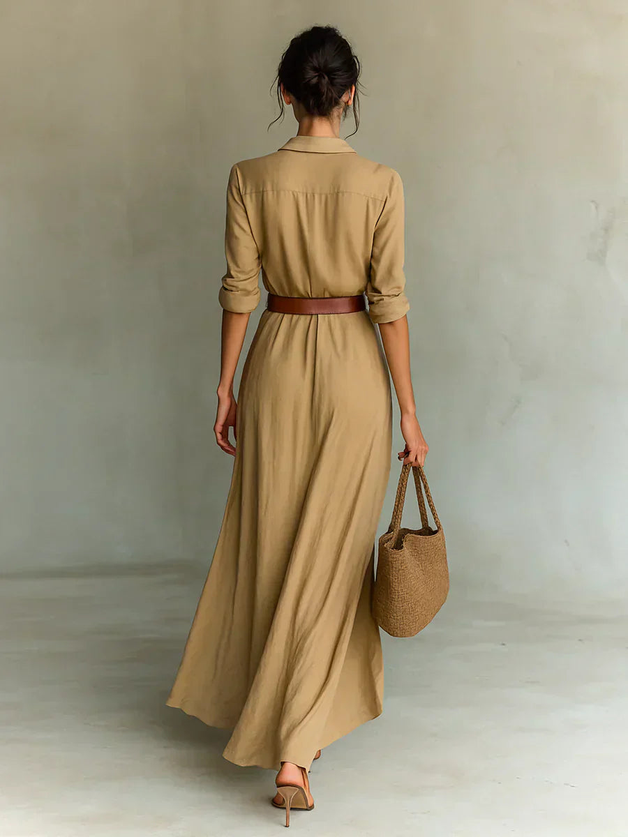 Camille™ | Vestido largo con solapa y cinturón en la cintura