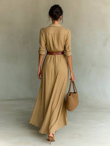 Camille™ | Vestido largo con solapa y cinturón en la cintura