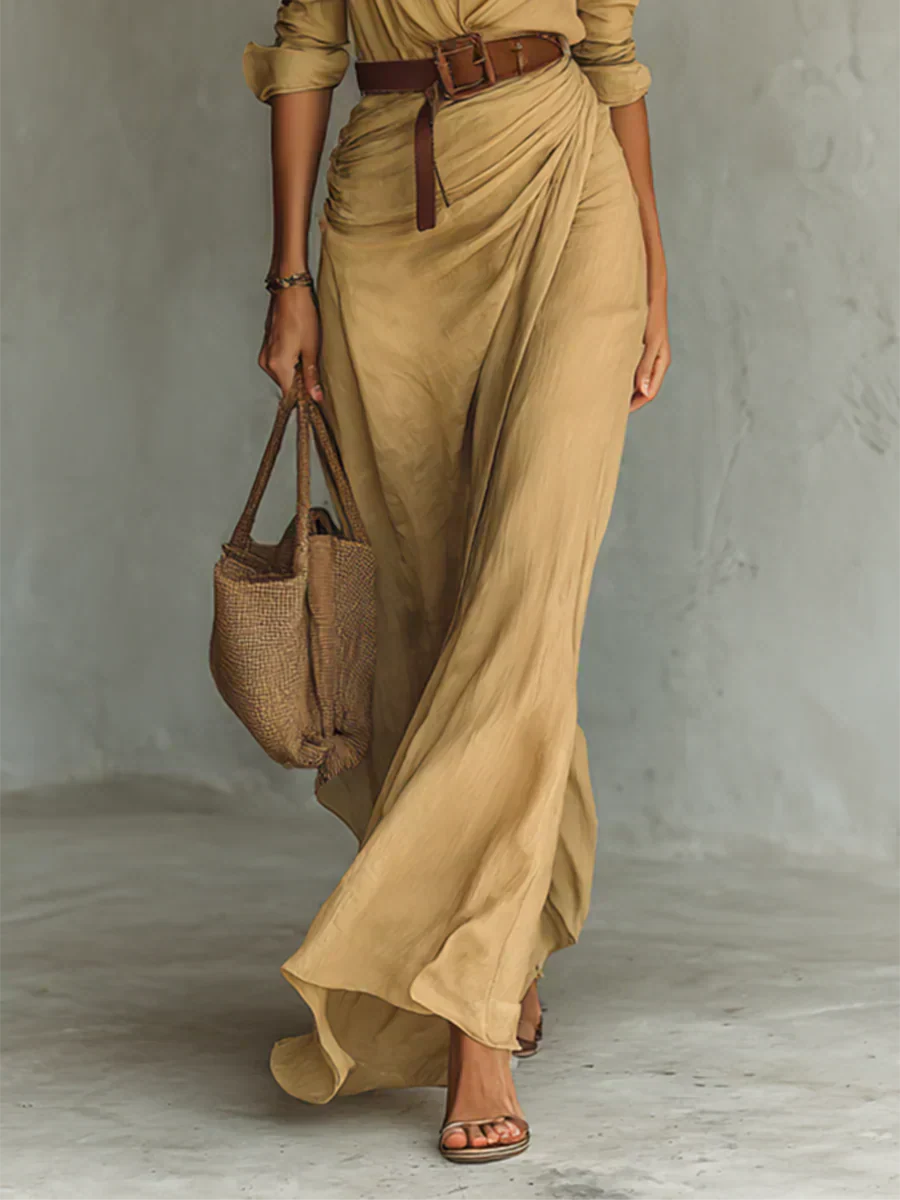 Camille™ | Vestido largo con solapa y cinturón en la cintura