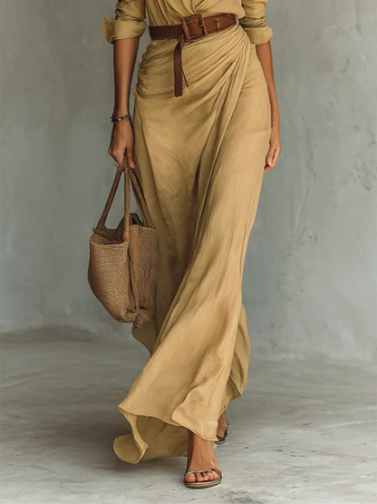 Camille™ | Vestido largo con solapa y cinturón en la cintura