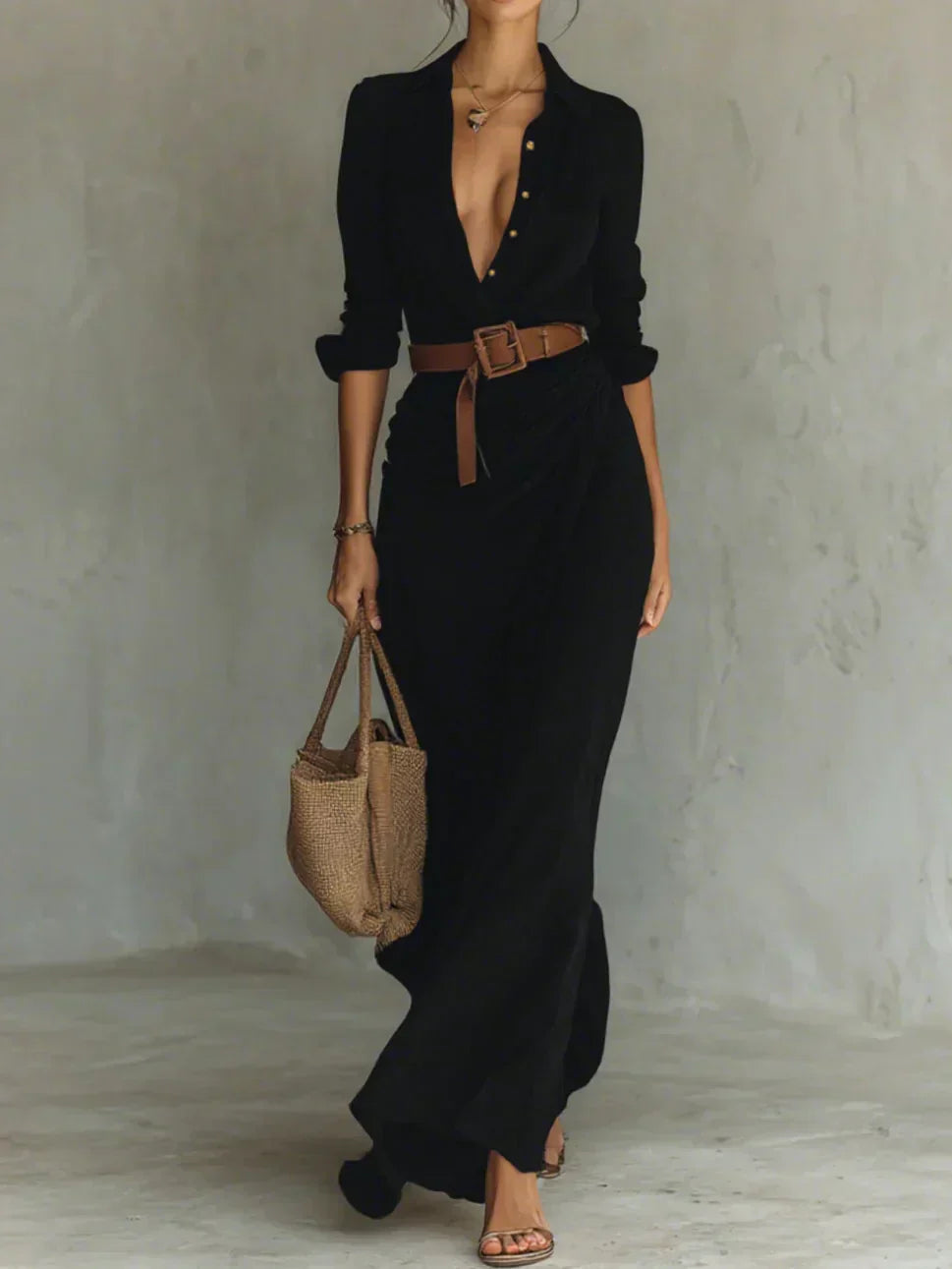 Camille™ | Vestido largo con solapa y cinturón en la cintura