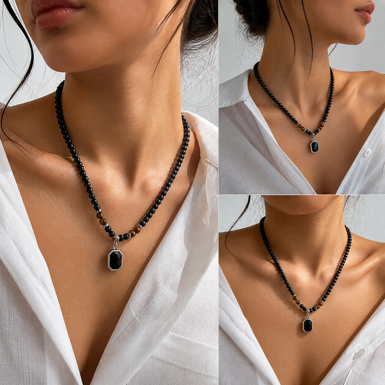 Collar de cuentas negras con colgante cuadrado