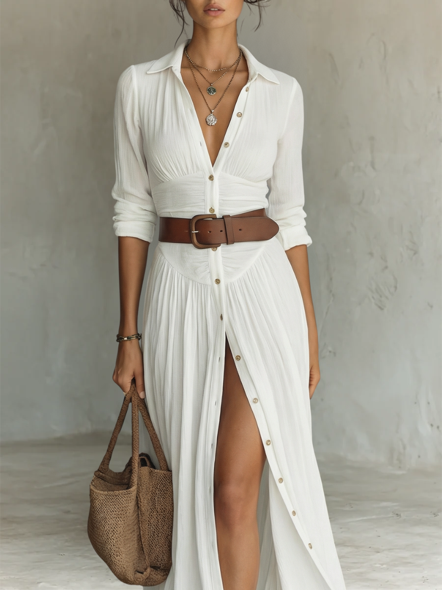 Gretchen | Vestido largo plisado de lino blanco