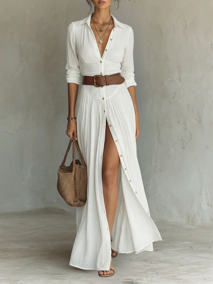 Gretchen | Vestido largo plisado de lino blanco