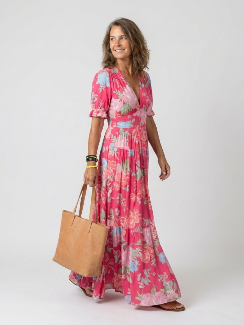 Ione | Vestido midi sin mangas con escote en V y estampado floral