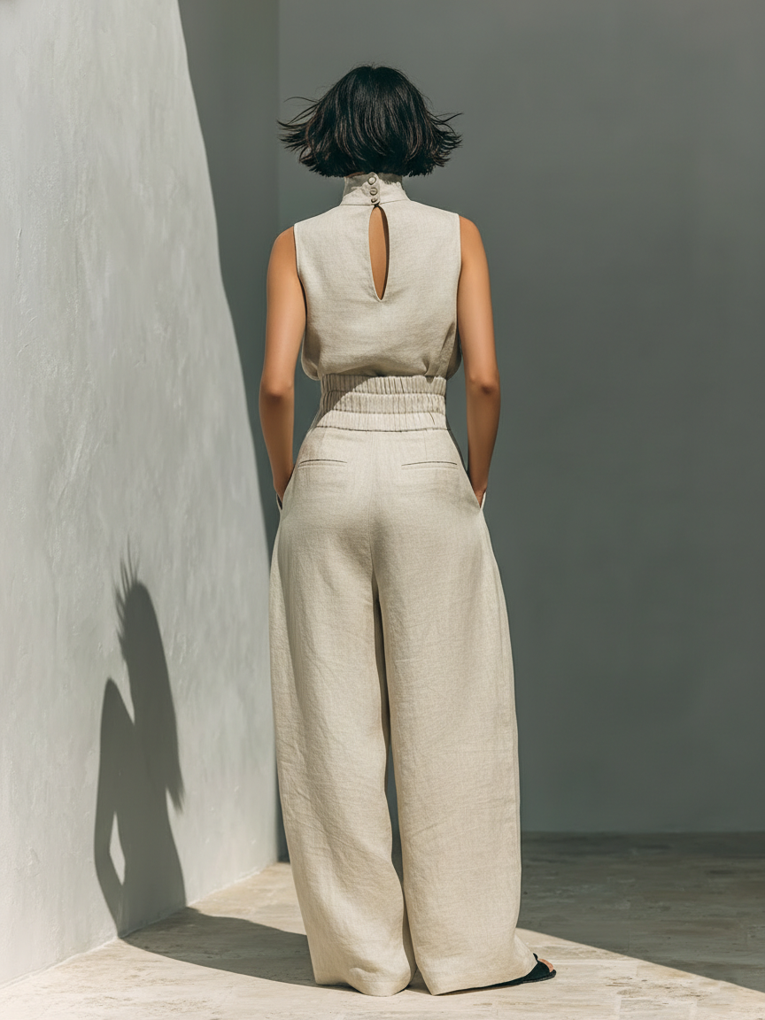 Maria - Conjunto minimalista para mujer de top sin mangas y pantalón ancho en algodón y lino