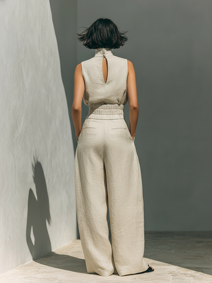 Maria - Conjunto minimalista para mujer de top sin mangas y pantalón ancho en algodón y lino