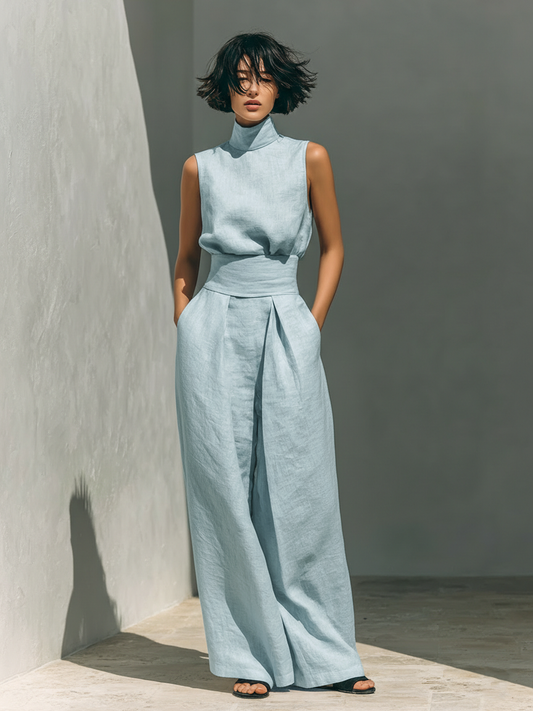 Maria - Conjunto minimalista para mujer de top sin mangas y pantalón ancho en algodón y lino