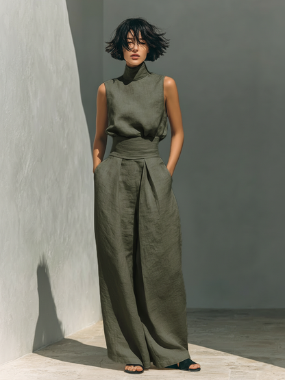 Maria - Conjunto minimalista para mujer de top sin mangas y pantalón ancho en algodón y lino