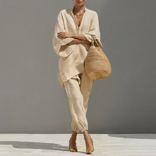 Marina | Conjunto Casual de Dos Piezas con Cuello en V para Mujer