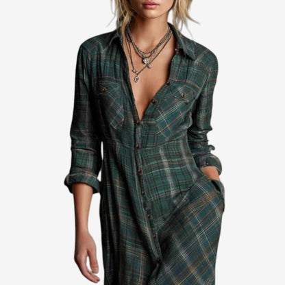 Noa | Vestido Camisero Largo de Cuadros Con Caída Fluida