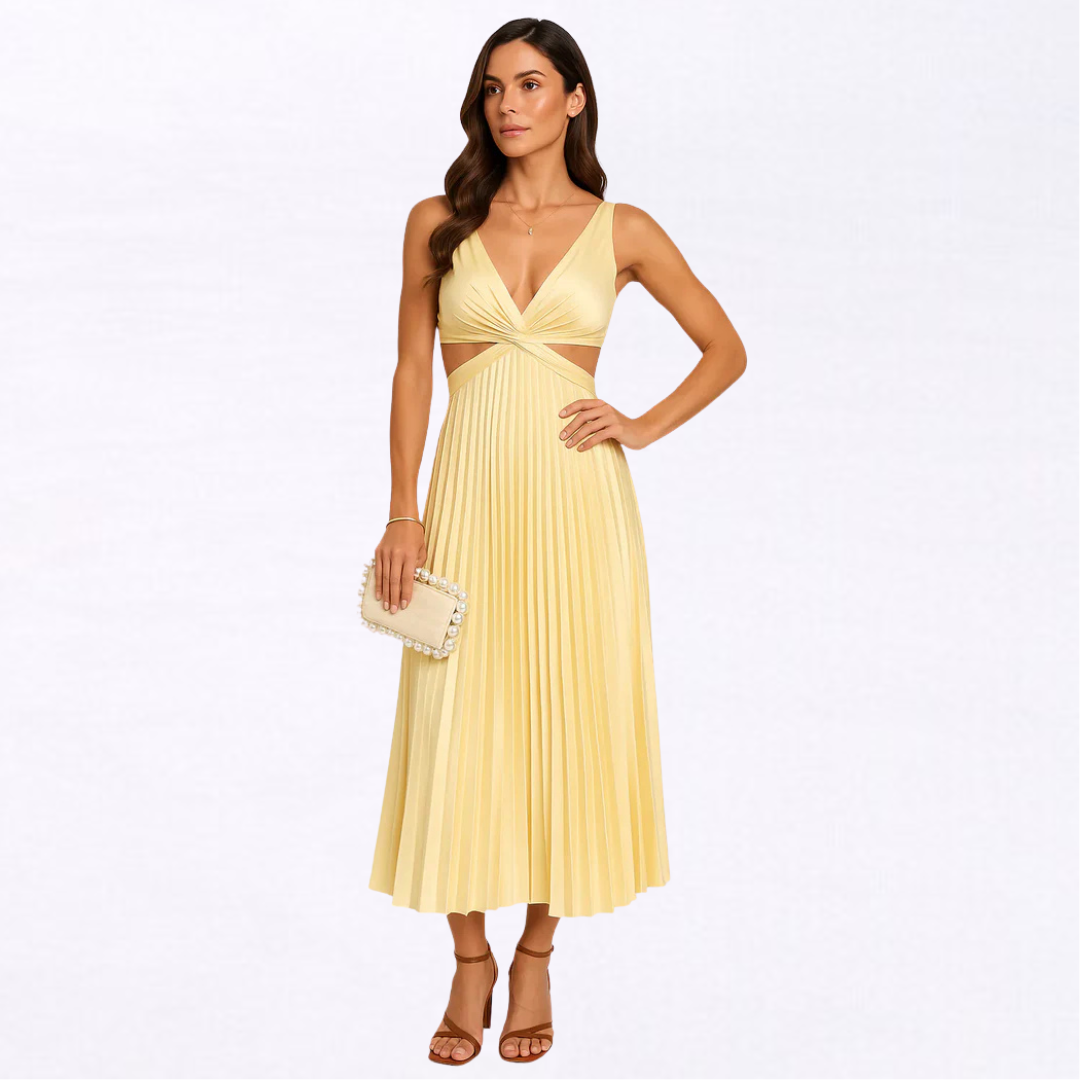 Elisa | Vestido Midi Plisado con Escote Cruzado y Caída Fluida