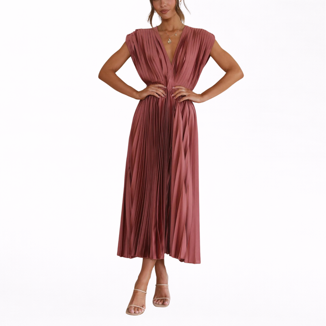 Livia | Vestido Midi Plisado Con Escote Profundo y Caída Fluida