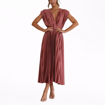 Livia | Vestido Midi Plisado Con Escote Profundo y Caída Fluida