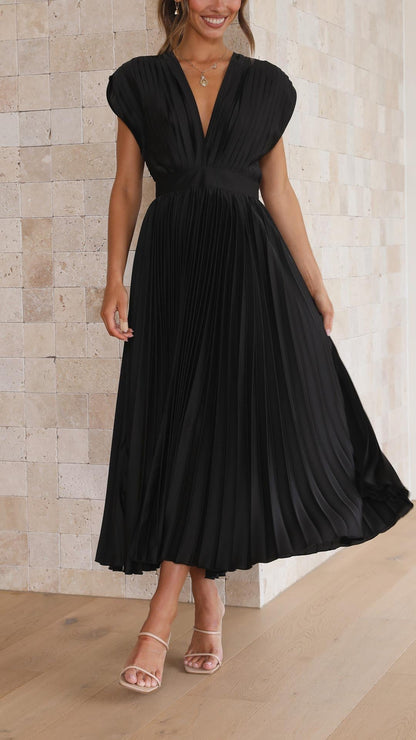 Livia | Vestido Midi Plisado Con Escote Profundo y Caída Fluida