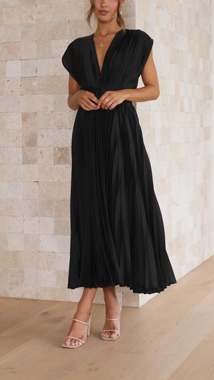 Livia | Vestido Midi Plisado Con Escote Profundo y Caída Fluida