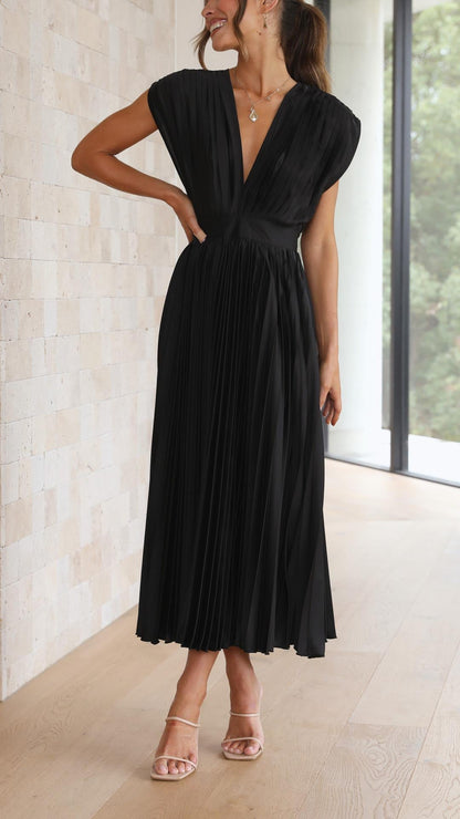 Livia | Vestido Midi Plisado Con Escote Profundo y Caída Fluida