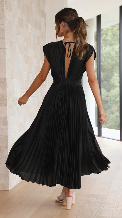 Livia | Vestido Midi Plisado Con Escote Profundo y Caída Fluida