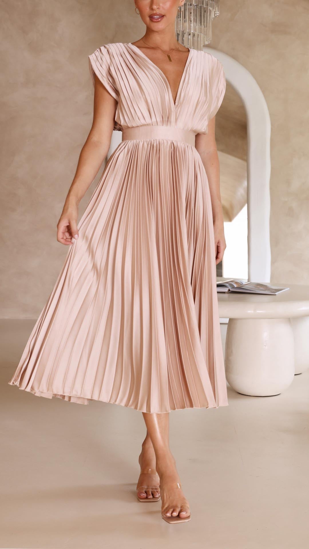 Livia | Vestido Midi Plisado Con Escote Profundo y Caída Fluida
