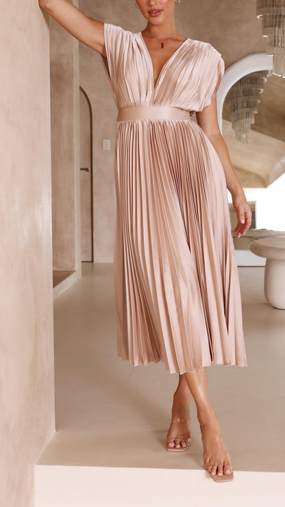 Livia | Vestido Midi Plisado Con Escote Profundo y Caída Fluida