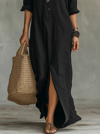 Selena™ | Vestido Maxi Negro Holgado con Botones