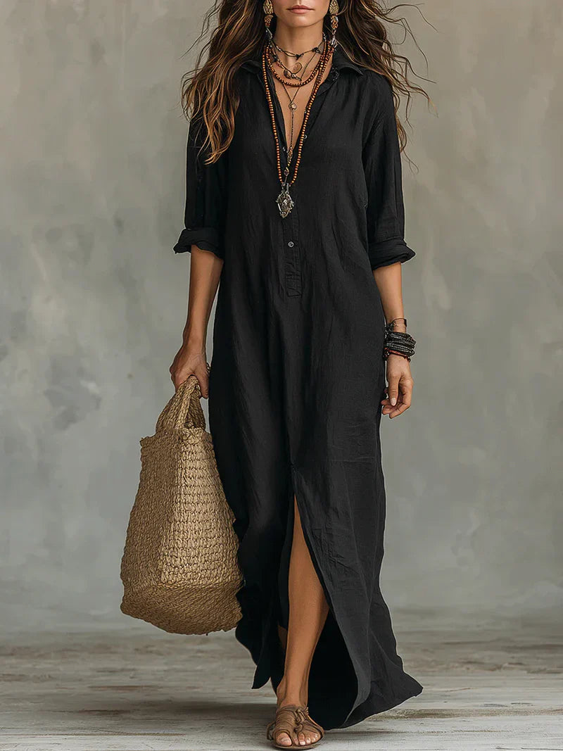 Selena™ | Vestido Maxi Negro Holgado con Botones