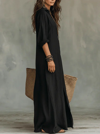 Selena™ | Vestido Maxi Negro Holgado con Botones