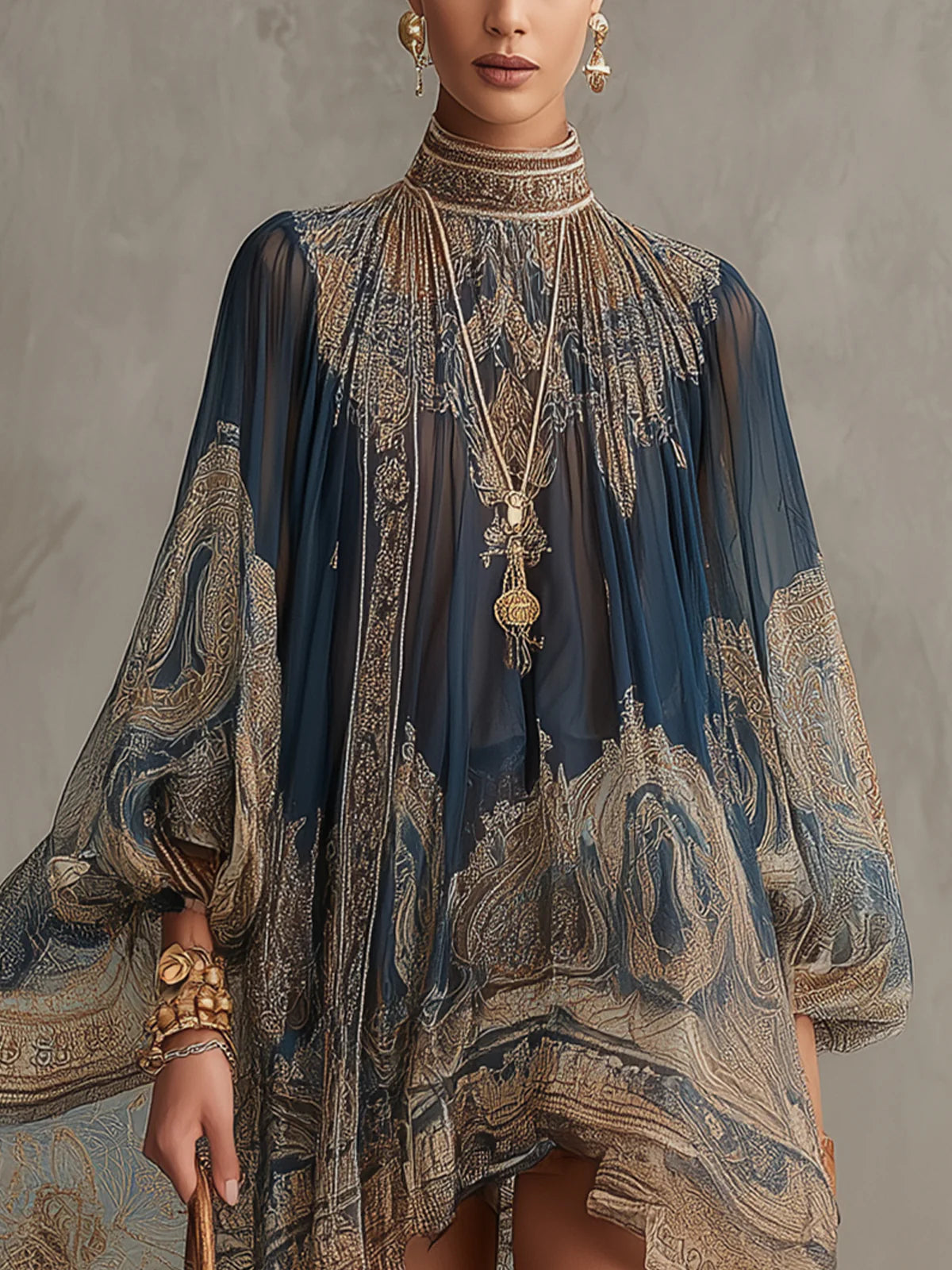 Francesca | Minivestido de gasa azul marino con estampado barroco dorado