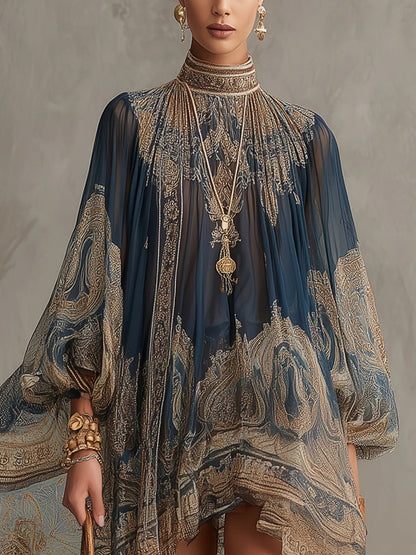 Francesca | Minivestido de gasa azul marino con estampado barroco dorado