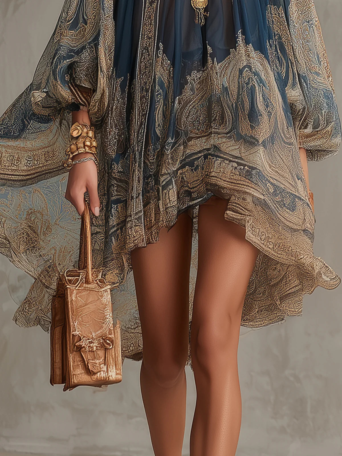 Francesca | Minivestido de gasa azul marino con estampado barroco dorado