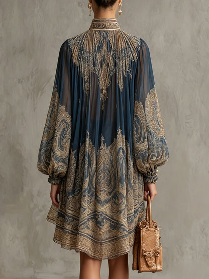 Francesca | Minivestido de gasa azul marino con estampado barroco dorado