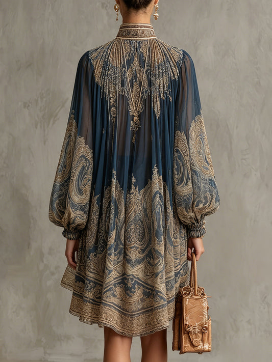 Francesca | Minivestido de gasa azul marino con estampado barroco dorado