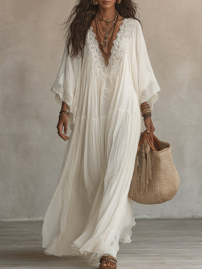 Adelaida | Vestido largo de gasa color marfil con mangas de murciélago y encaje blanco